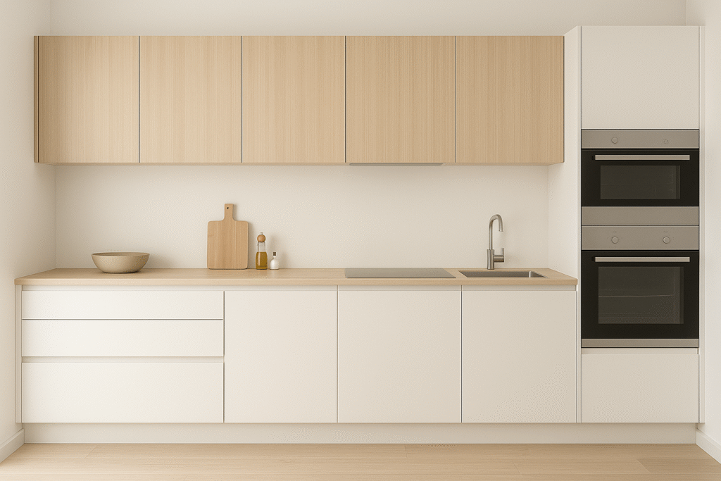 Cocina moderna minimalista en blanco mate y madera clara, con muebles sin tiradores y electrodomésticos integrados.