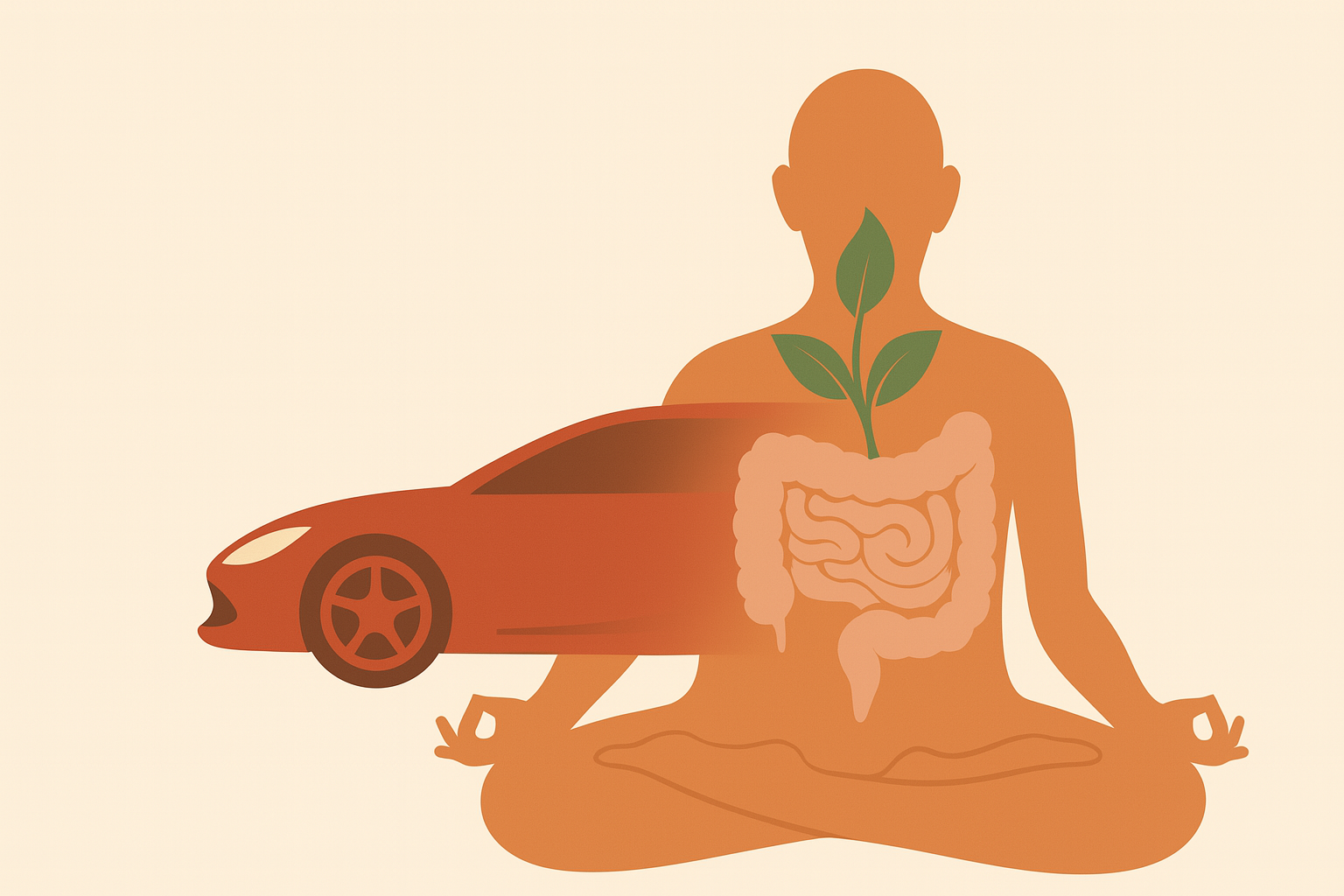 Ilustración minimalista: deporte, meditación y microbiota unidos; un coche rojo se funde con un monje cuyo intestino brota una planta, simbolizando la transición de los excesos al equilibrio intestinal y emocional.