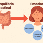 Ilustración educativa del desequilibrio intestinal y su impacto en emociones, inflamación, sistema inmune y salud cerebral.