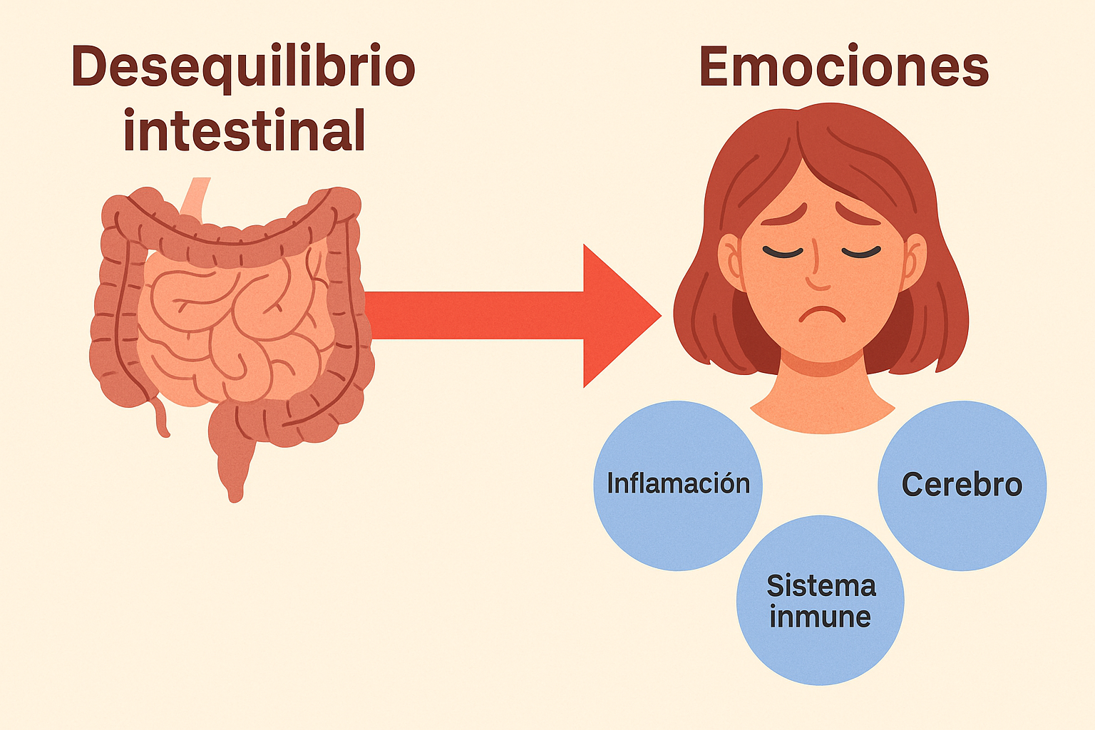 Ilustración educativa del desequilibrio intestinal y su impacto en emociones, inflamación, sistema inmune y salud cerebral.

