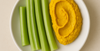 Palitos de apio con hummus de cúrcuma