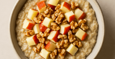 porridge de avena con manzana y nueces en bol de cerámica, iluminación natural, fondo neutro