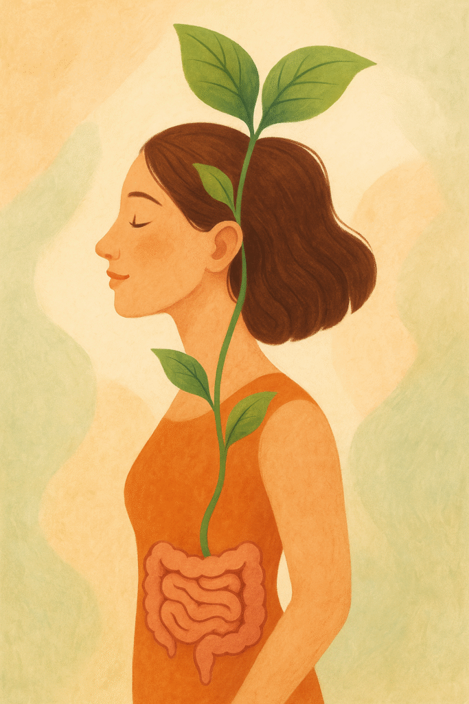 Ilustración metafórica con colores suaves de una planta que crece desde el intestino hacia la cabeza, simbolizando equilibrio emocional y bienestar integral.