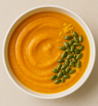 crema de calabaza en bol blanco con semillas y cúrcuma