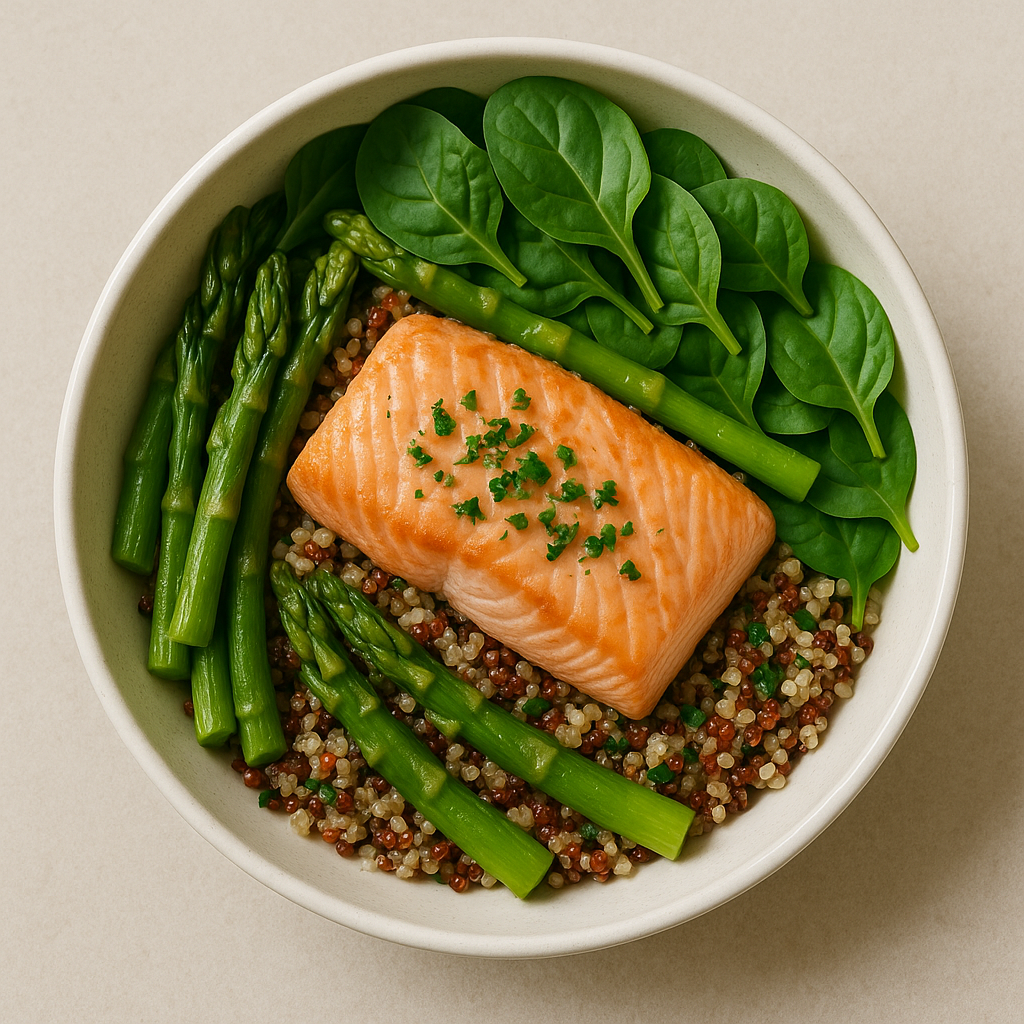 ensalada tibia con salmón, quinoa y espárragos