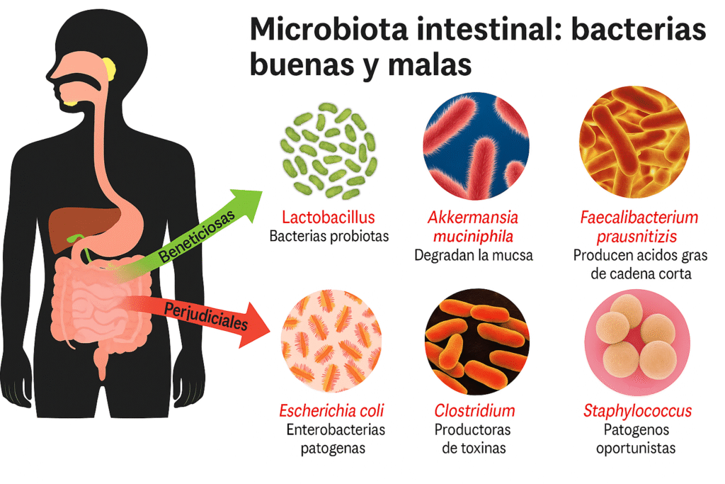 Ilustración de la microbiota intestinal con bacterias buenas (como Lactobacillus, Akkermansia y Faecalibacterium) y bacterias perjudiciales (como Escherichia coli, Clostridium y Staphylococcus), mostrando su impacto en la salud digestiva.