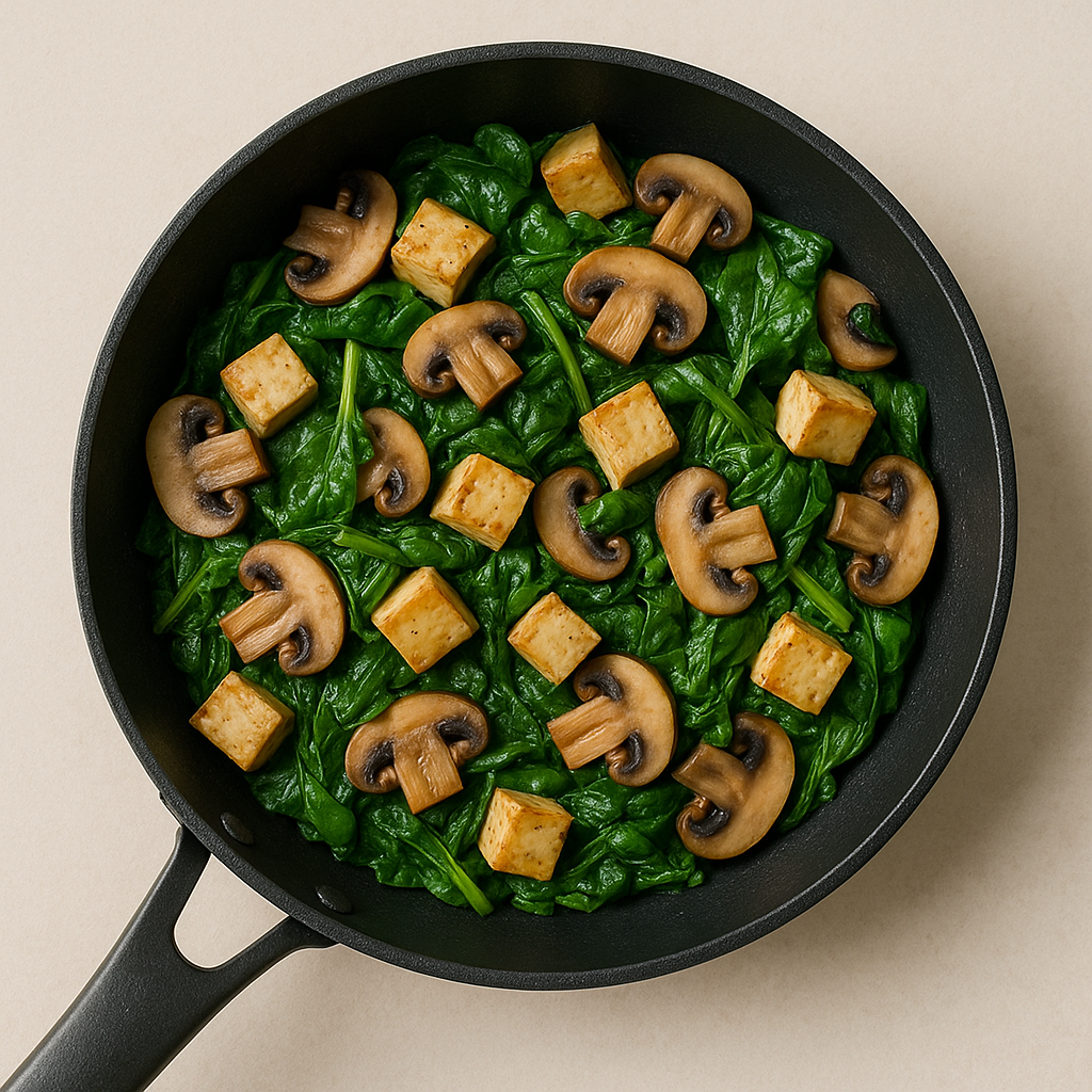 Fotografía overhead de salteado de tofu con espinacas y champiñones en sartén negra, iluminación natural