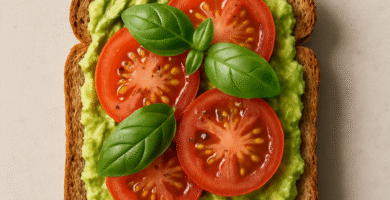 Imagen de una tostada de pan integral con aguacate, tomate y albahaca, iluminación natural, fondo neutro