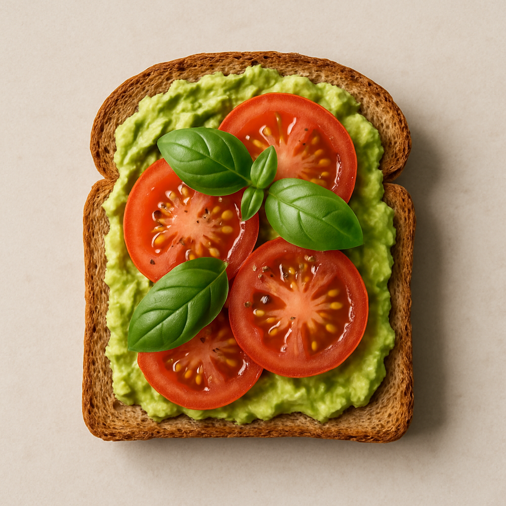 Imagen de una tostada de pan integral con aguacate, tomate y albahaca, iluminación natural, fondo neutro