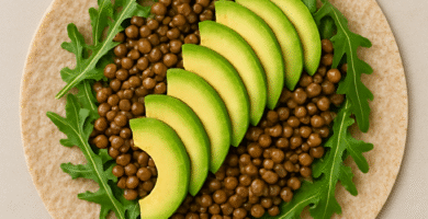 wrap con lentejas, aguacate y rúcula