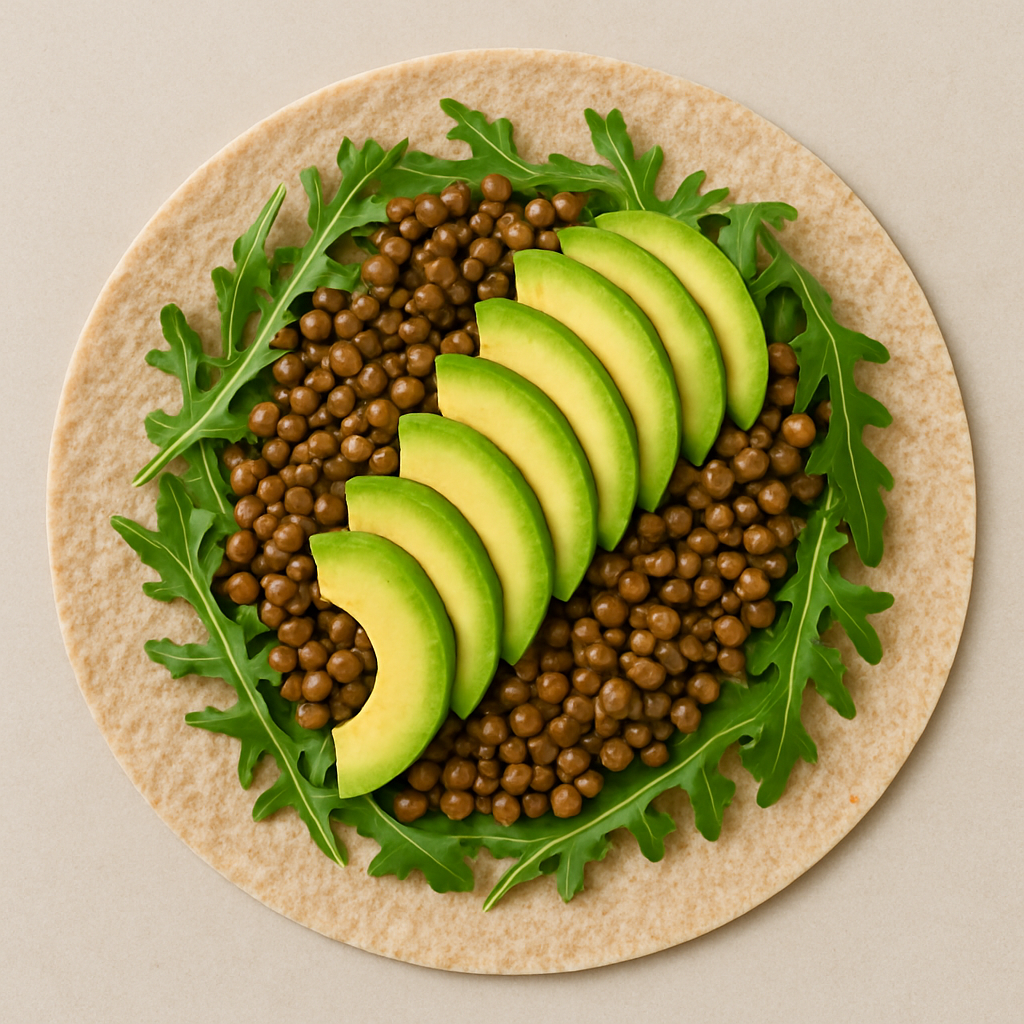 wrap con lentejas, aguacate y rúcula